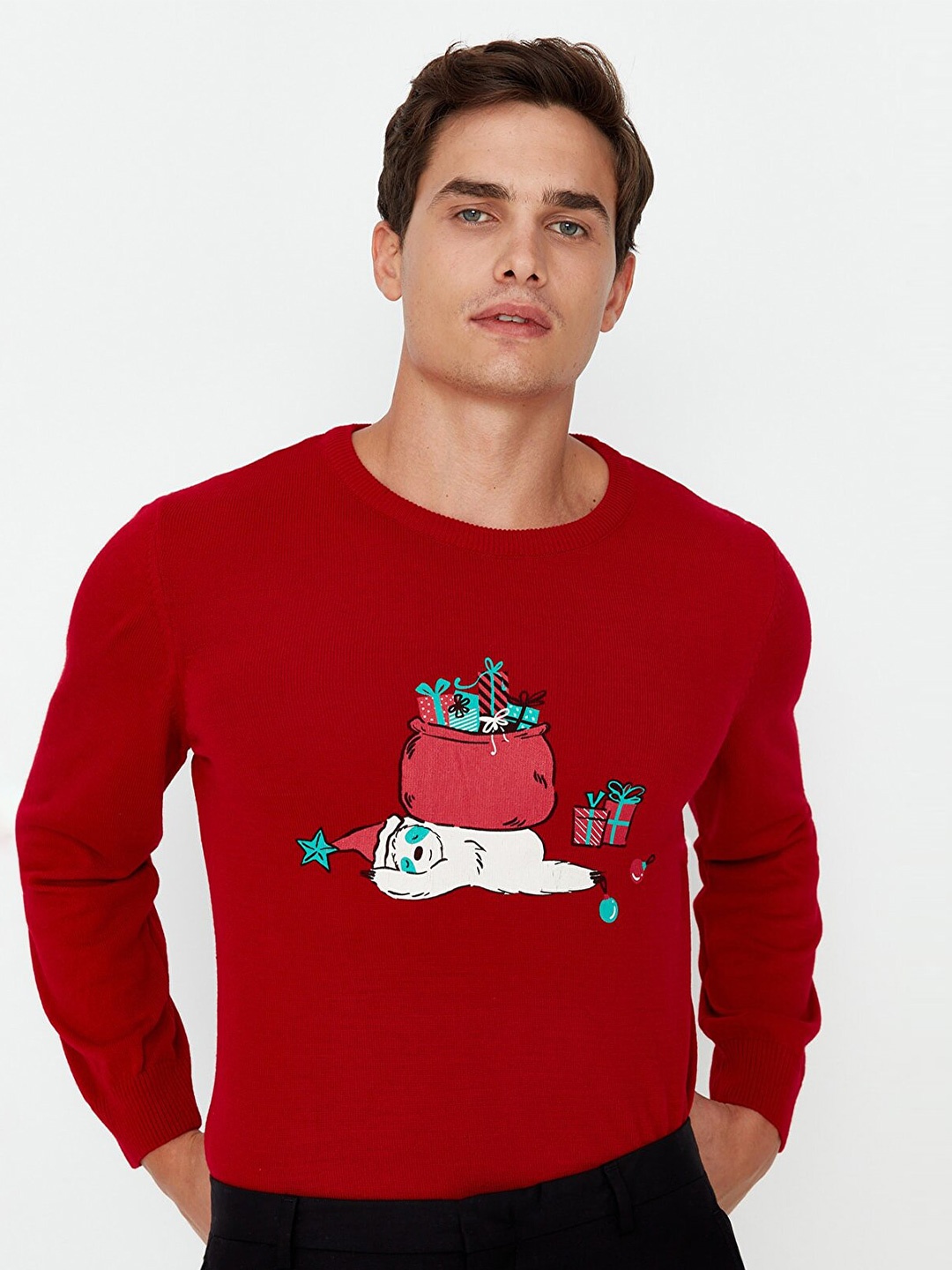 

Trendyol Men Red Graphic Printed Pullover Acrylic Sweater