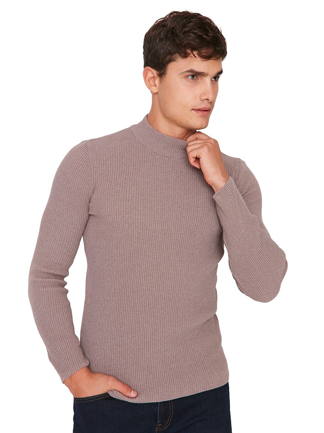 

Trendyol Men Brown Ribbed Pullover Sweater