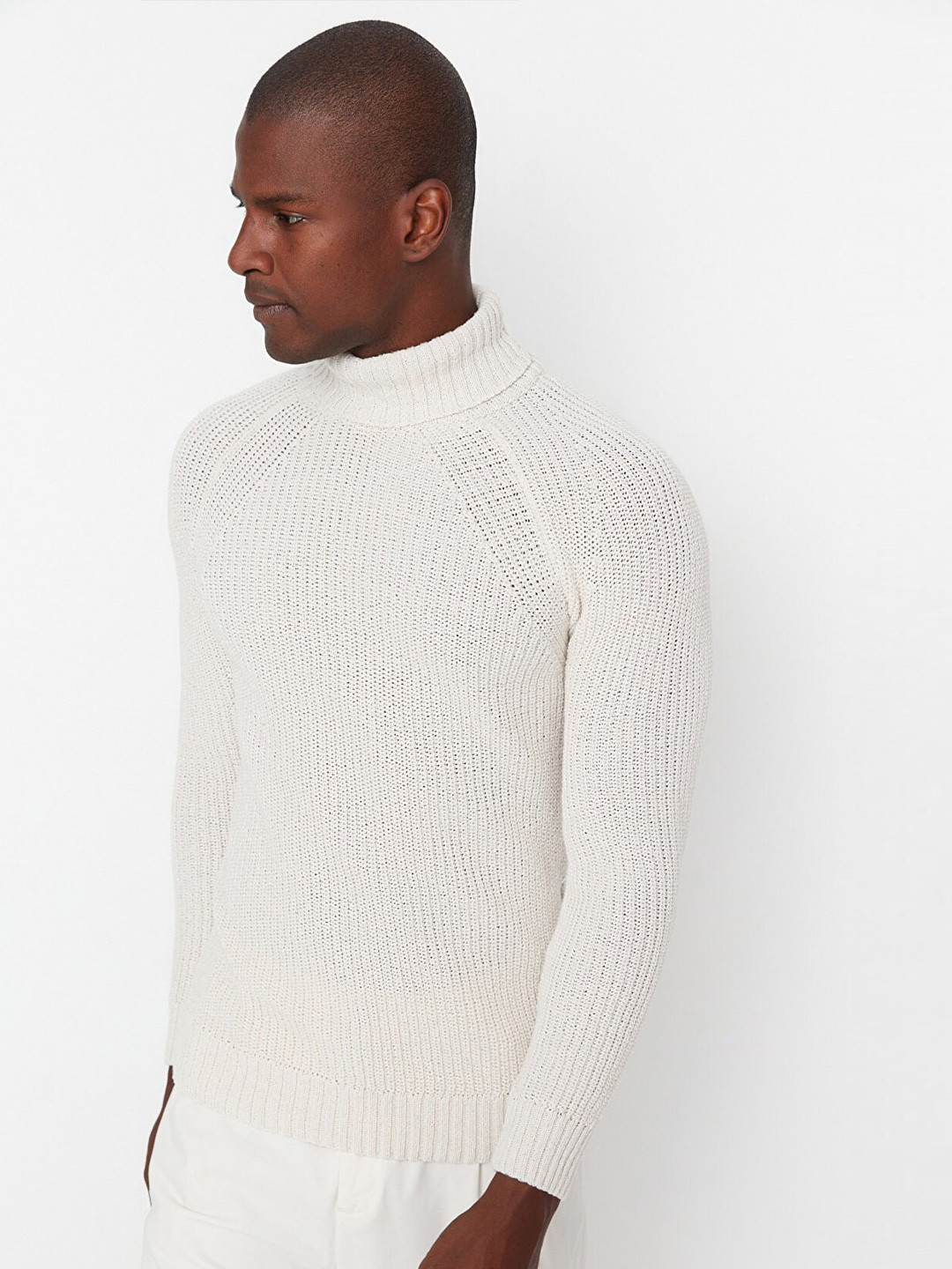 

Trendyol Men Cream-Coloured Cable Knit Ribbed Pullover