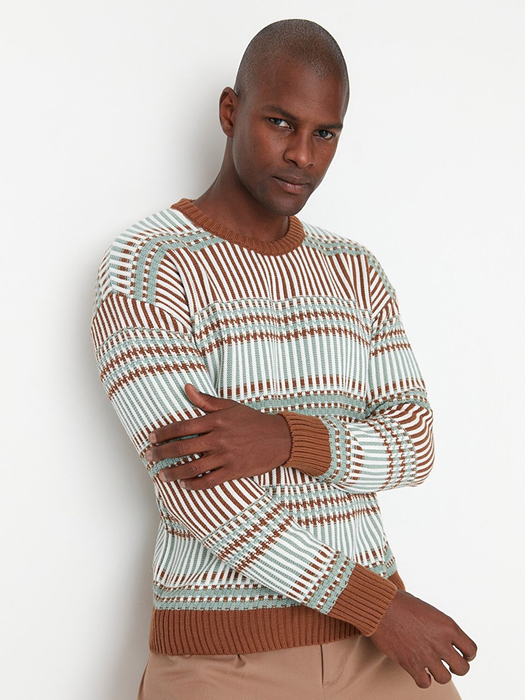 

Trendyol Men Camel Brown & Beige Striped Acrylic Pullover