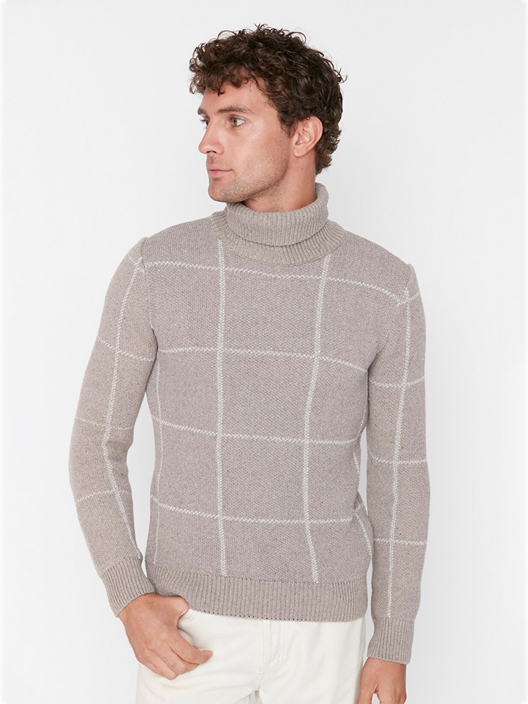 

Trendyol Men Brown Turtle Neck Checked Pullover Sweater