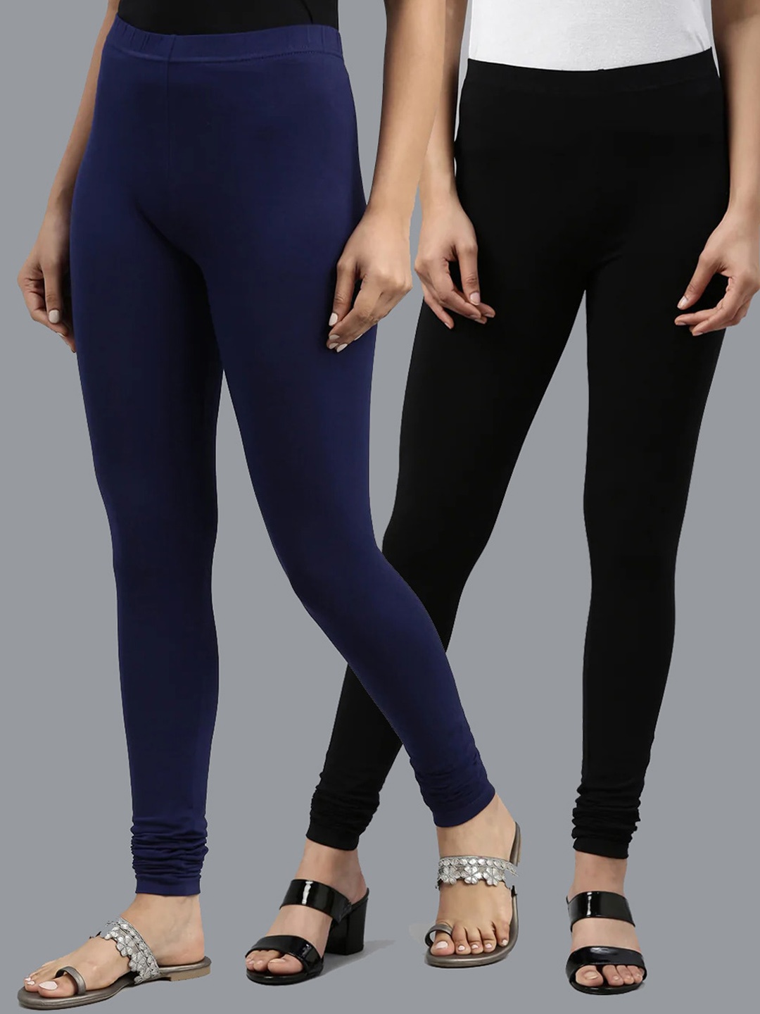 

KEX Women Pack Of 2 Navy Blue & Black Solid Churidar Length Cotton Leggings