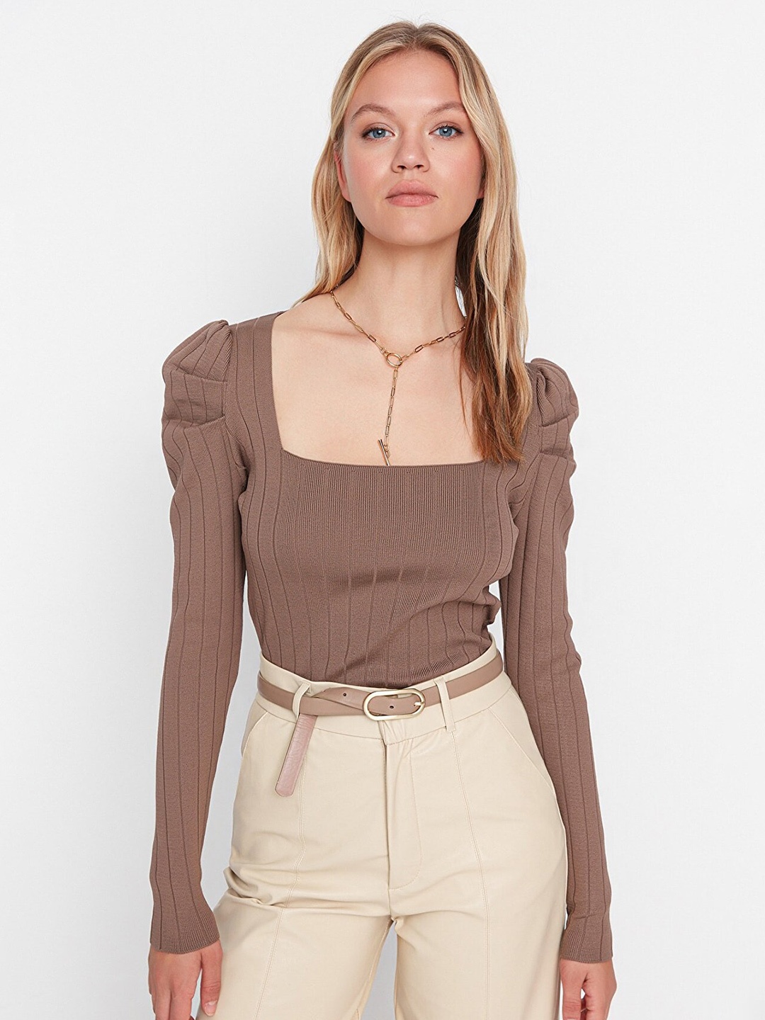 

Trendyol Women Brown Ribbed Pullover