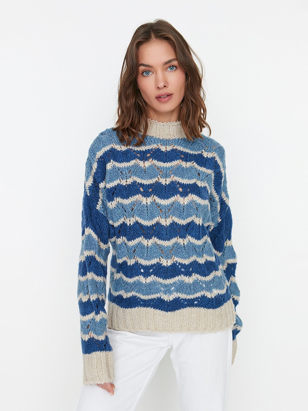 

Trendyol Women Blue & Beige Pullover Sweater