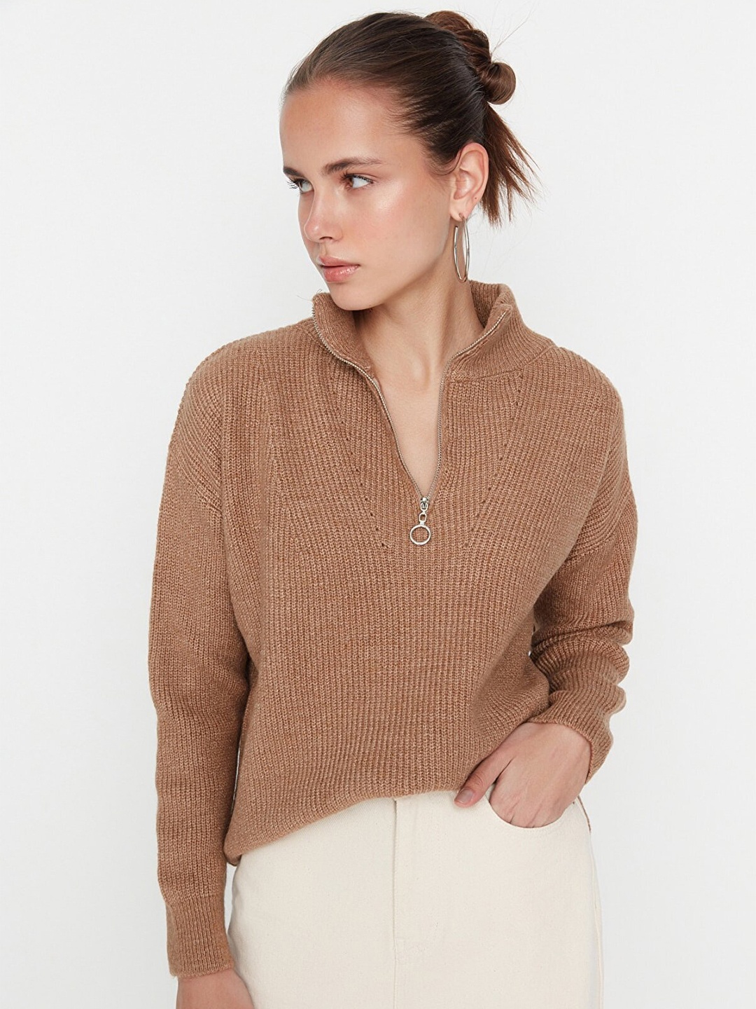 

Trendyol Women Camel Brown Ribbed Pullover