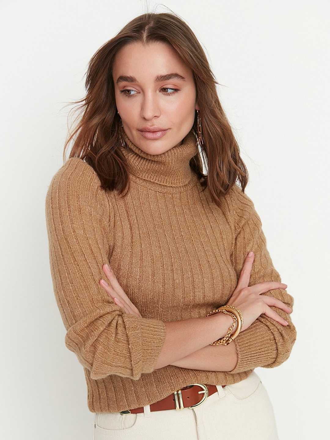 

Trendyol Women Camel Brown Ribbed Pullover