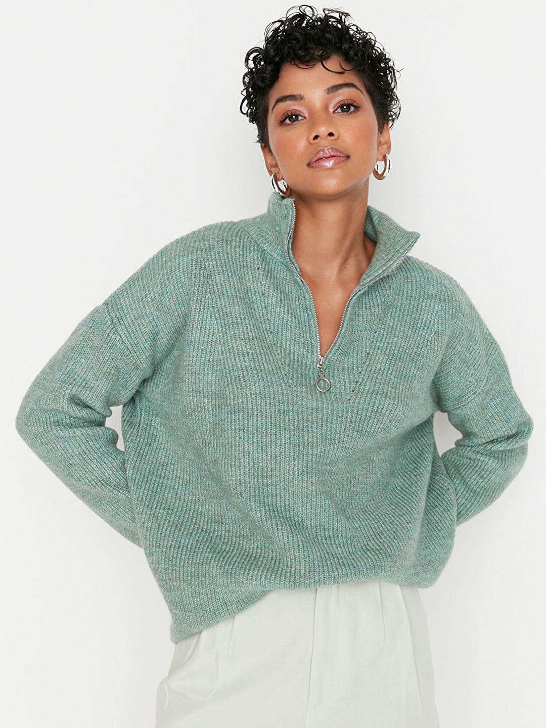 

Trendyol Women Green Ribbed Pullover