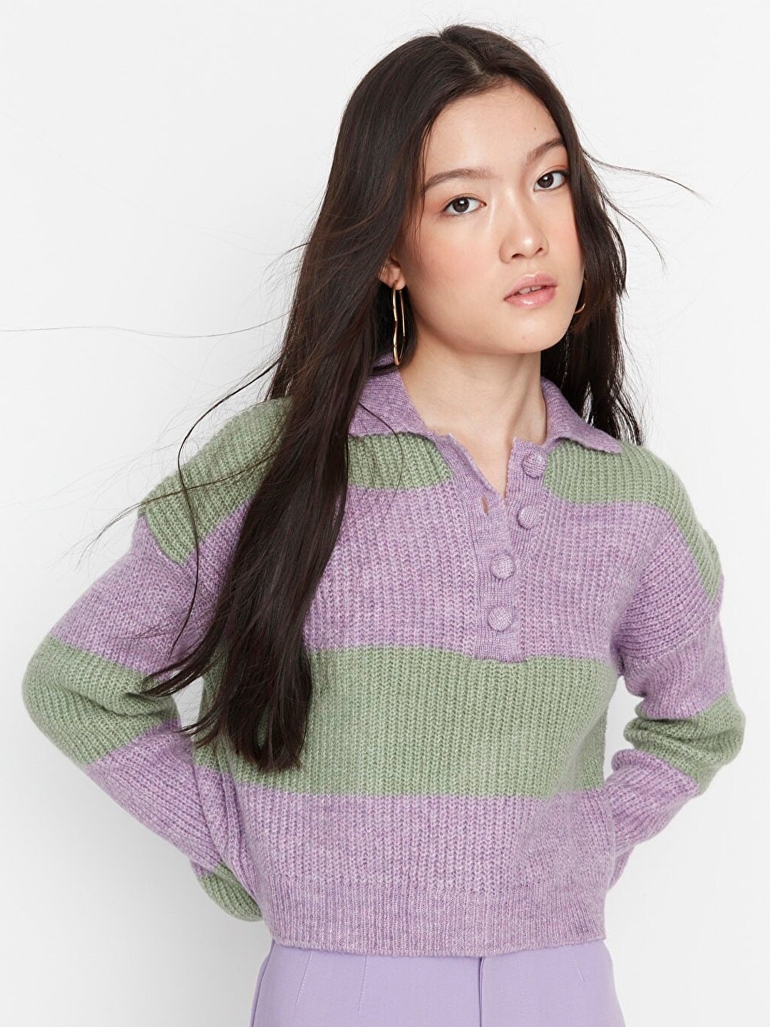 

Trendyol Women Lavender & Green Striped Pullover