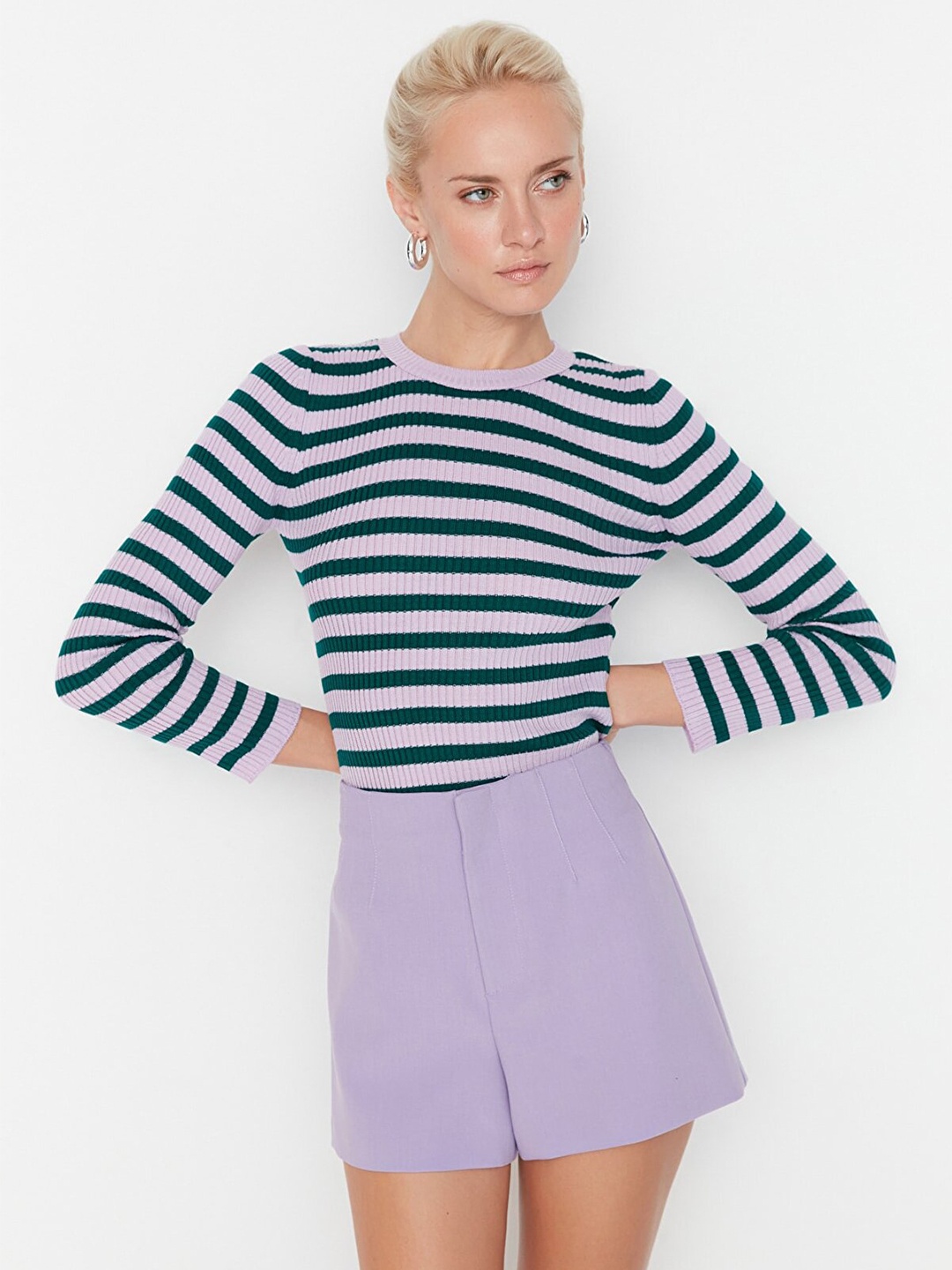 

Trendyol Women Purple & Green Striped Acrylic Pullover