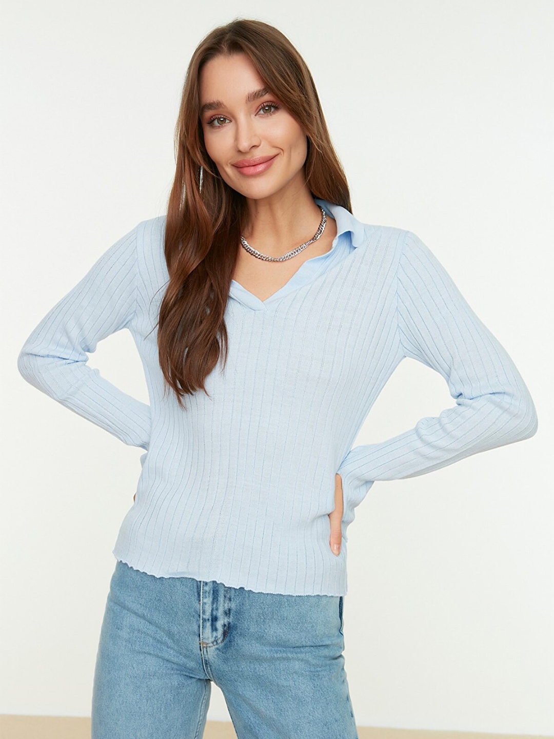 

Trendyol Women Blue Ribbed Acrylic Pullover