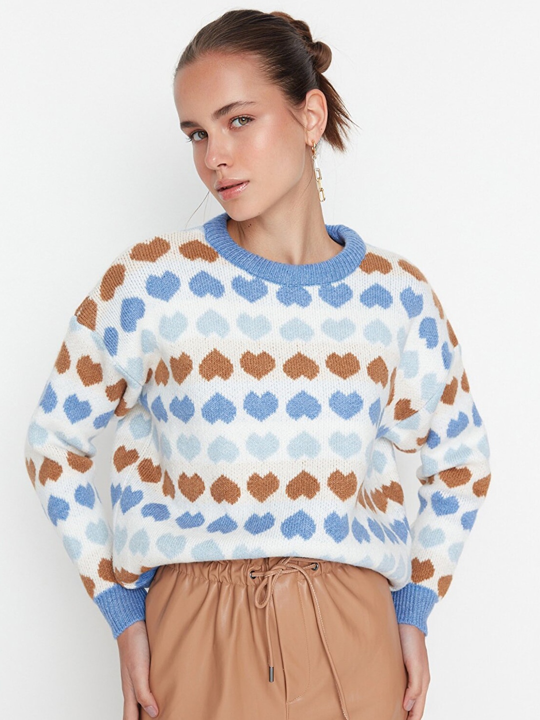 

Trendyol Women Blue & Cream-Coloured Quirky Pullover
