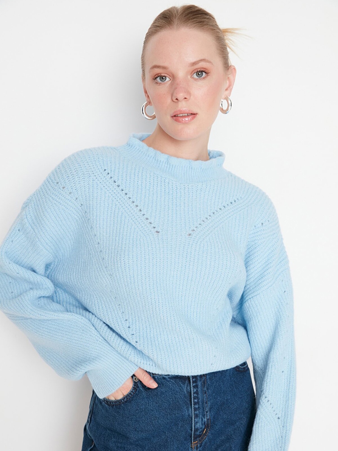 

Trendyol Women Blue Self Design Pullover Sweater
