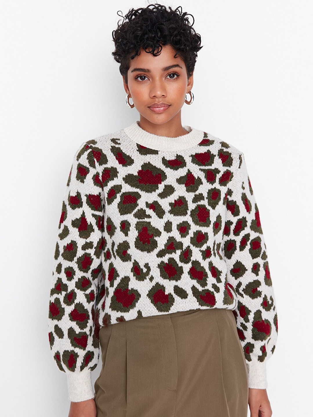 

Trendyol Women Burgundy & Off-White Printed Pullover