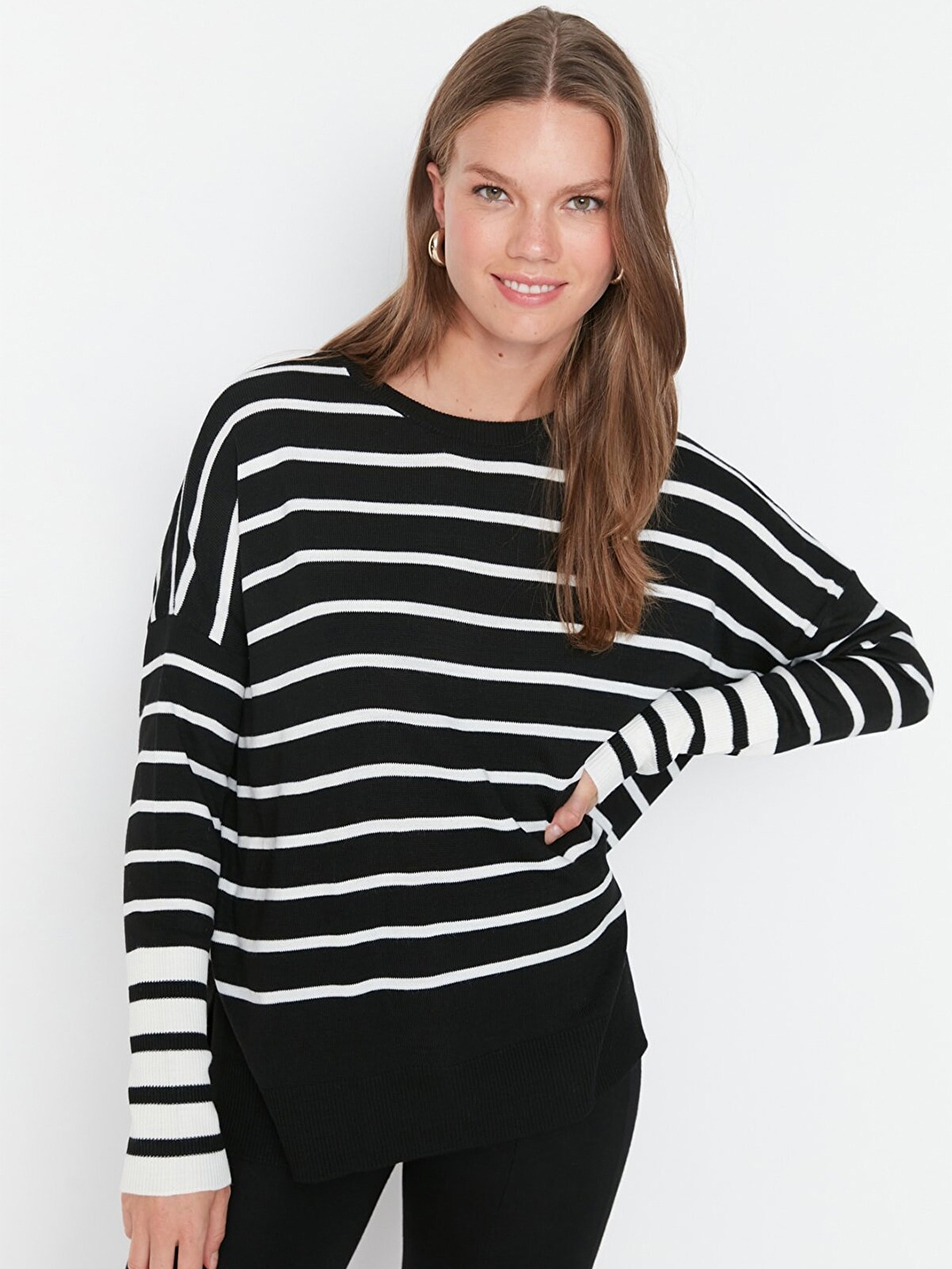 

Trendyol Women Black & White Striped Acrylic Pullover Sweater