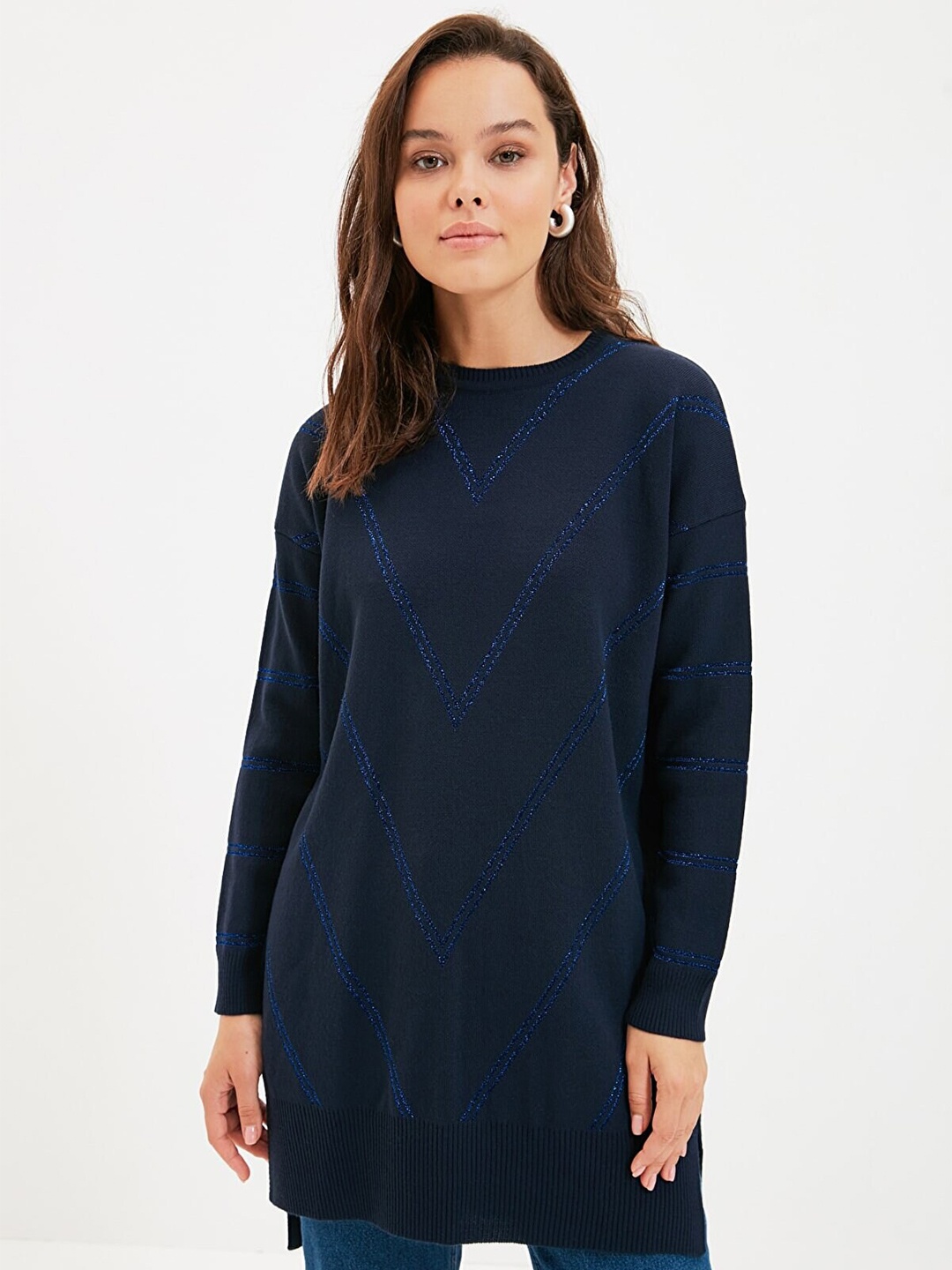 

Trendyol Women Navy Blue Longline Acrylic Pullover with Embellished Detail