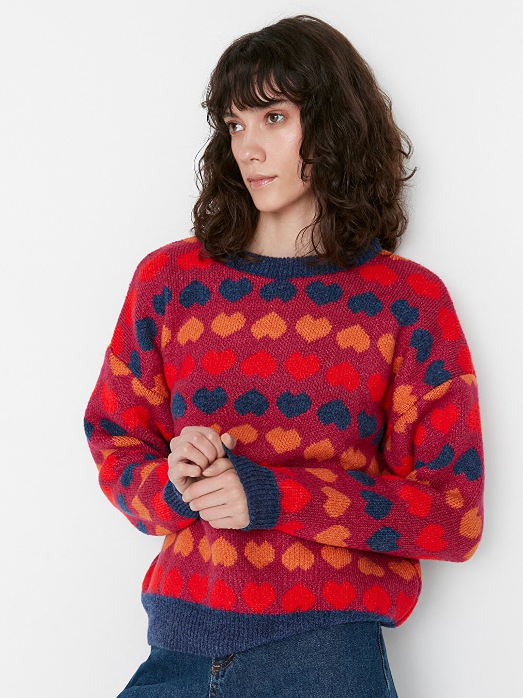 

Trendyol Women Navy Blue & Red Printed Pullover Sweater