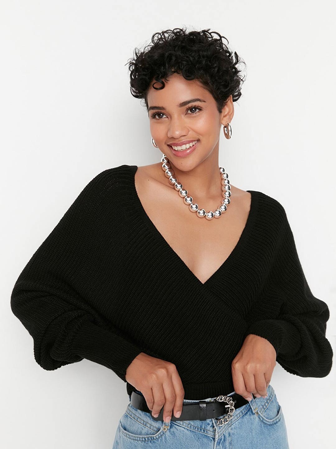

Trendyol Women Black Solid Wrap Style Acrylic Pullover Sweater