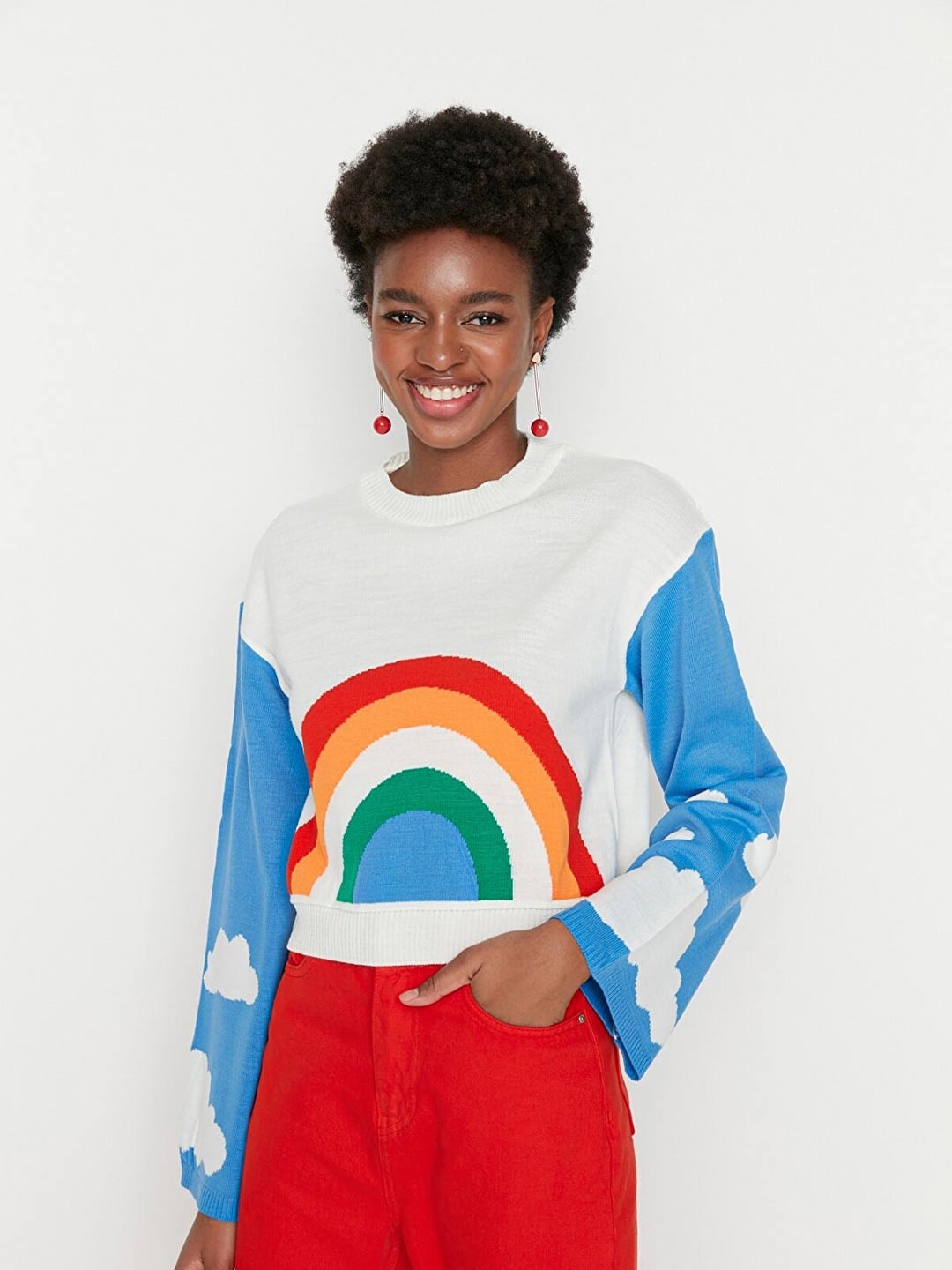 

Trendyol Women Off White & Blue Printed Acrylic Pullover