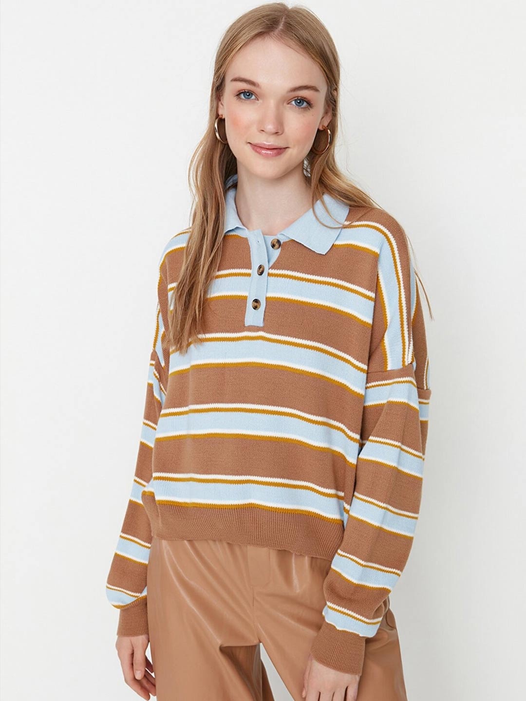 

Trendyol Women Blue & Brown Striped Acrylic Pullover