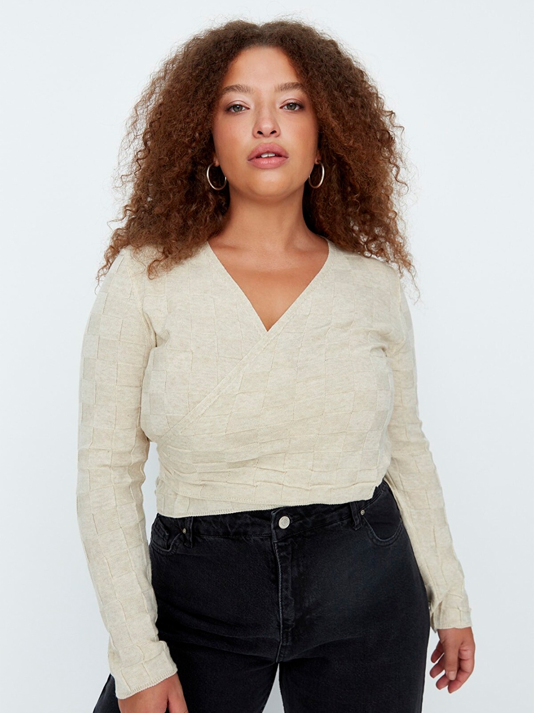 

Trendyol Women Plus Size Beige Acrylic Wrap Pullover