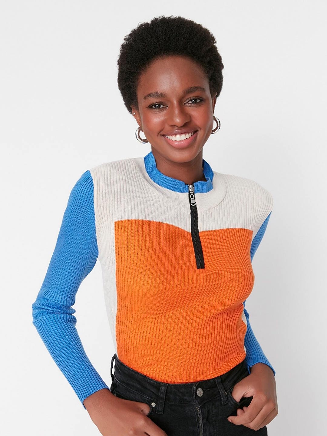 

Trendyol Women Orange & White Colourblocked Acrylic Pullover
