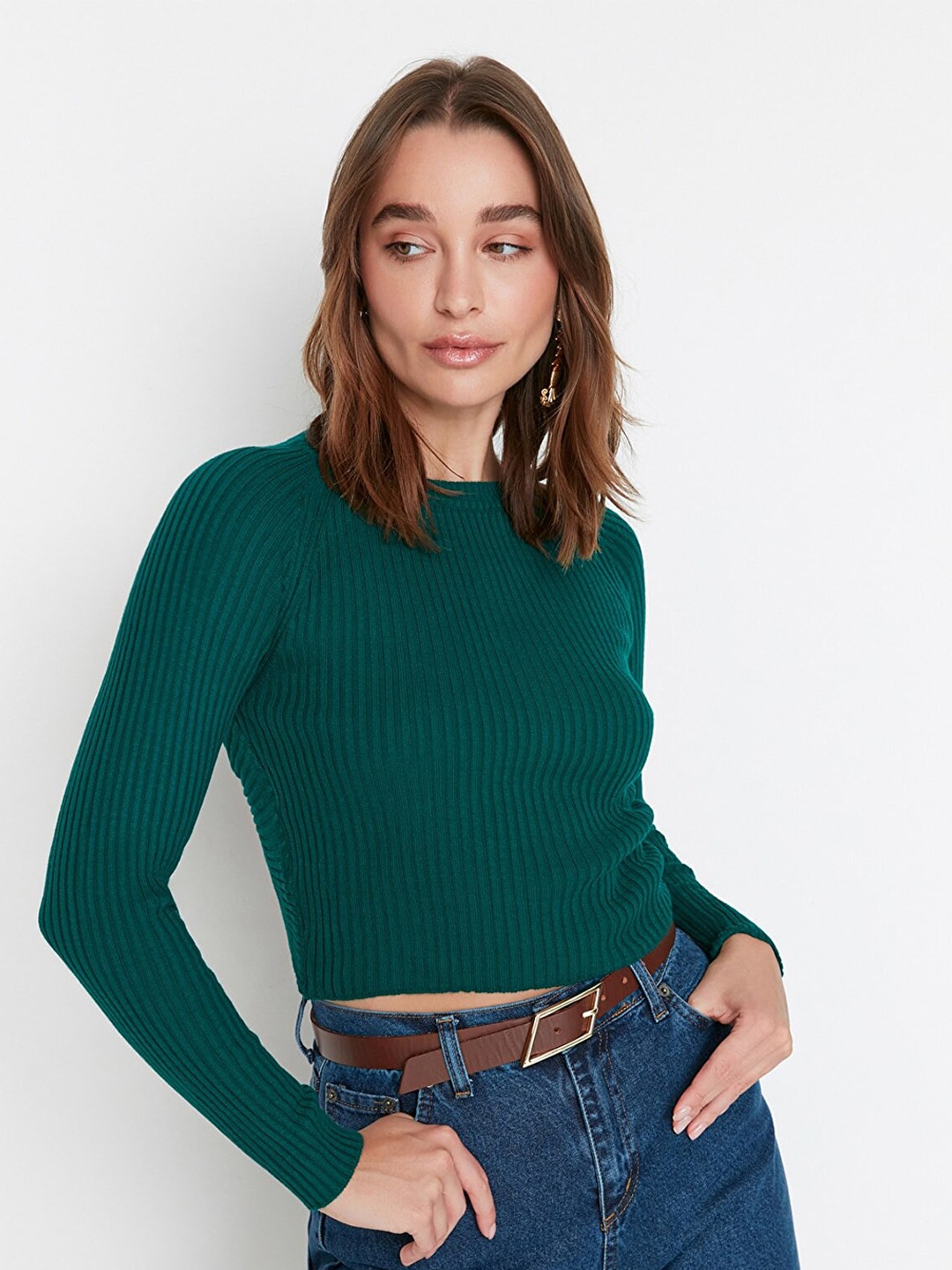 

Trendyol Women Green Ribbed Acrylic Crop Pullover