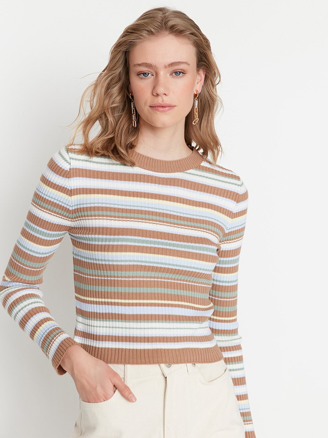 

Trendyol Women Camel Brown & White Striped Acrylic Pullover