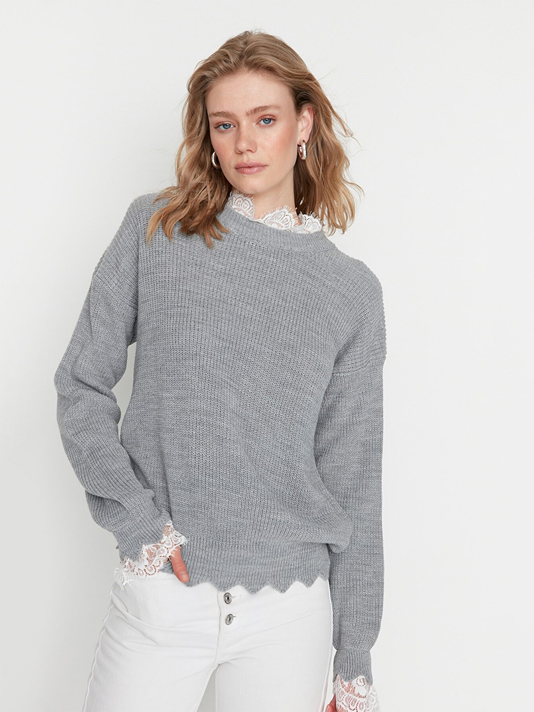 

Trendyol Women Grey Lace Insert Pullover