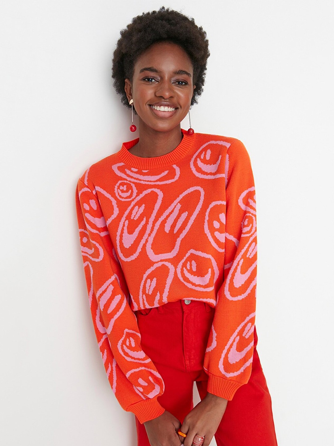 

Trendyol Women Orange Quirky Printed Acrylic Pullover