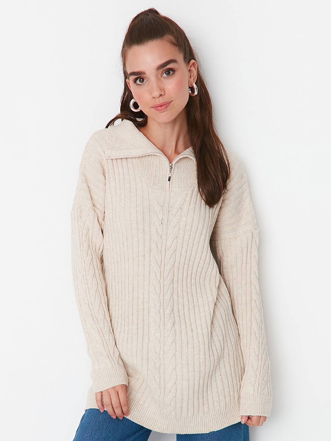 

Trendyol Women Beige Cable Knit Longline Acrylic Pullover