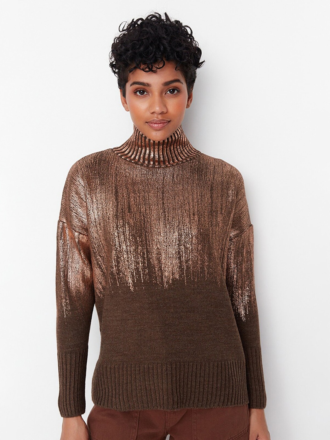 

Trendyol Women Brown & Copper-Toned Pullover with Embellished Detail
