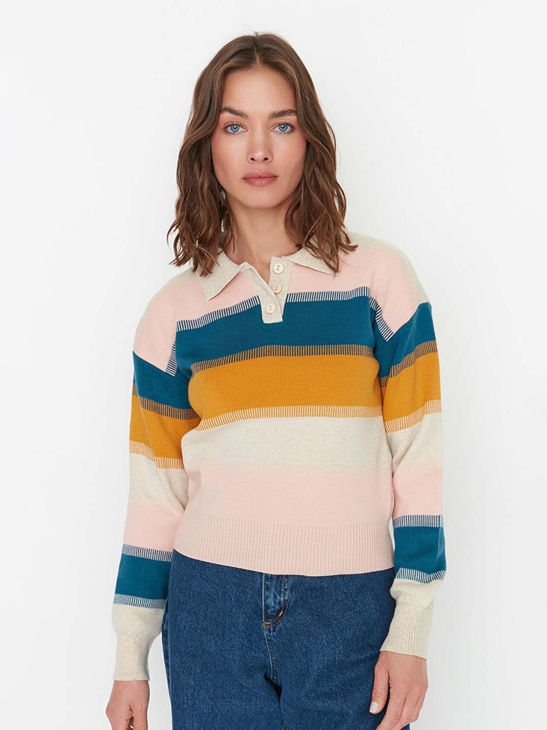 

Trendyol Women Pink & Blue Colourblocked Acrylic Pullover