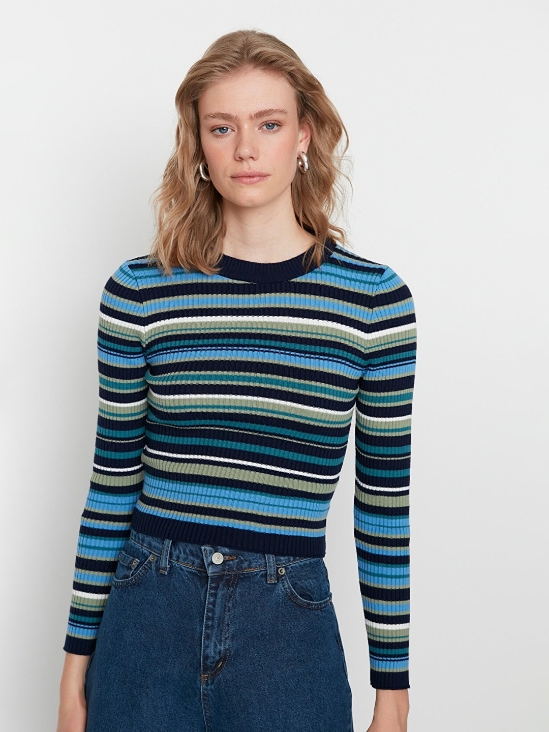 

Trendyol Women Navy Blue & Blue Striped Ribbed Acrylic Pullover