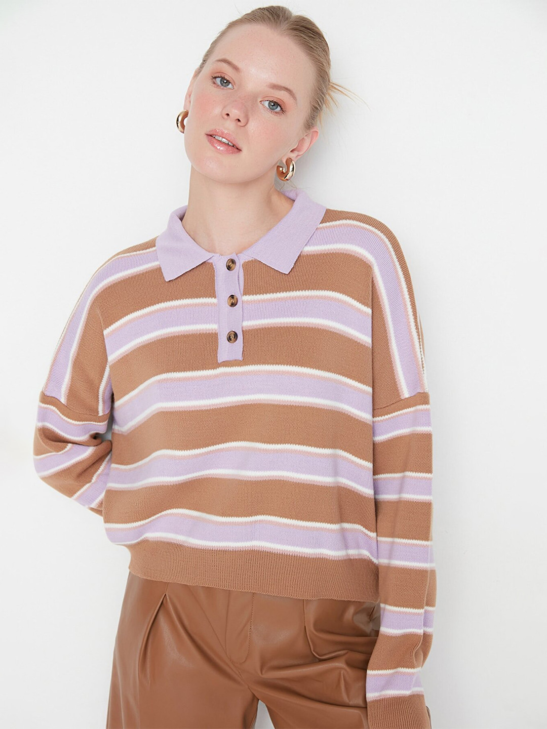 

Trendyol Women Camel Brown & Purple Striped Pullover