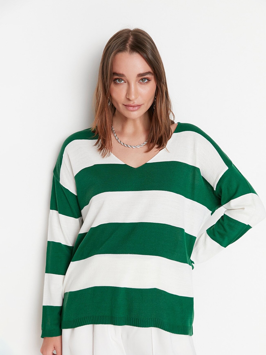 

Trendyol Women Green & White Colourblocked Pullover