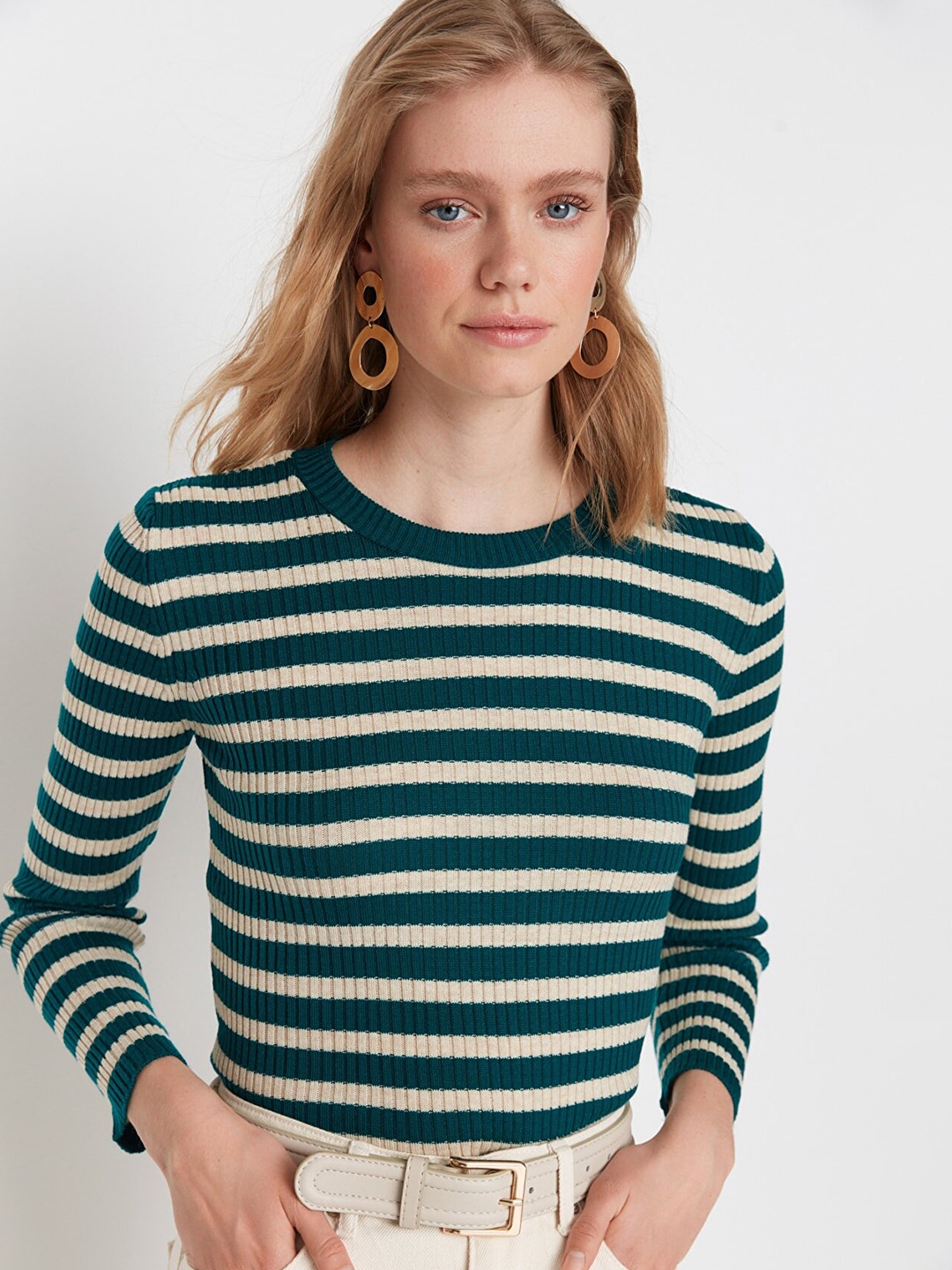 

Trendyol Women Green & Beige Striped Pullover