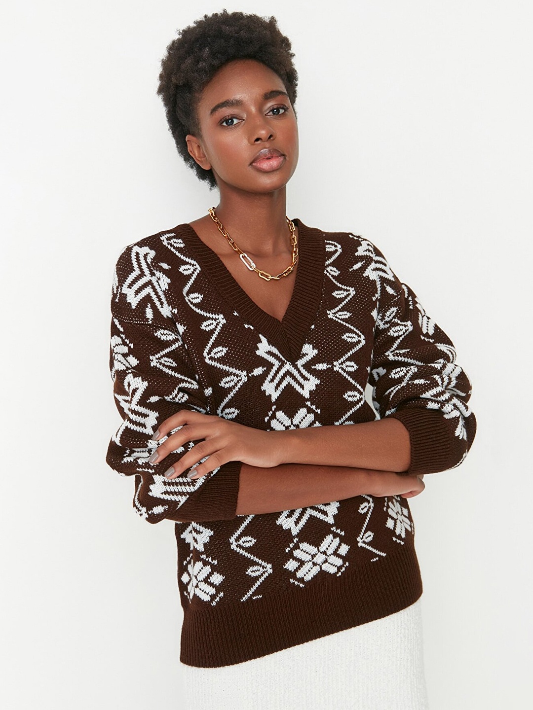 

Trendyol Women Brown & White Printed Pullover