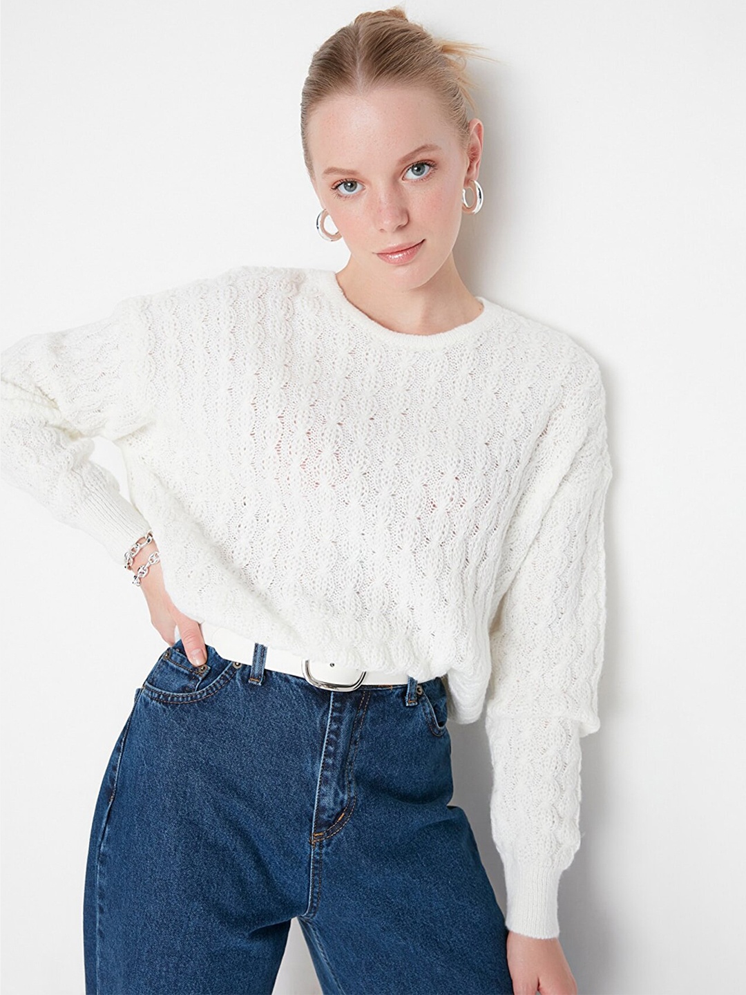 

Trendyol Women Off White Self Design Pullover