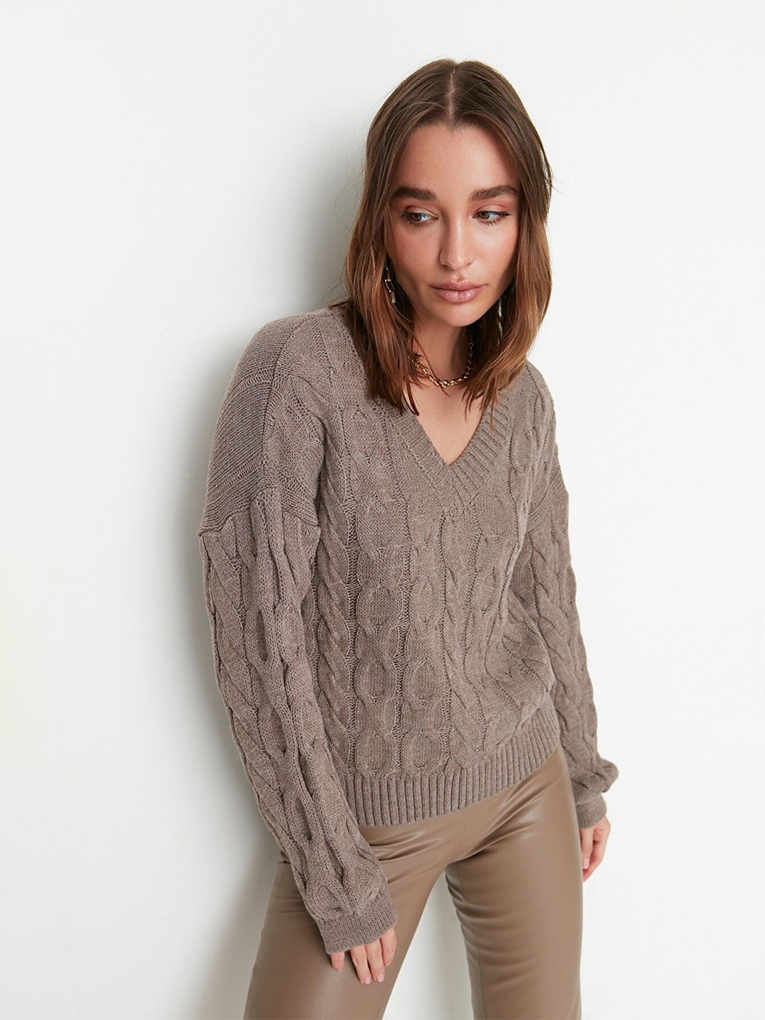 

Trendyol Women Brown Cable Knit Acrylic Pullover