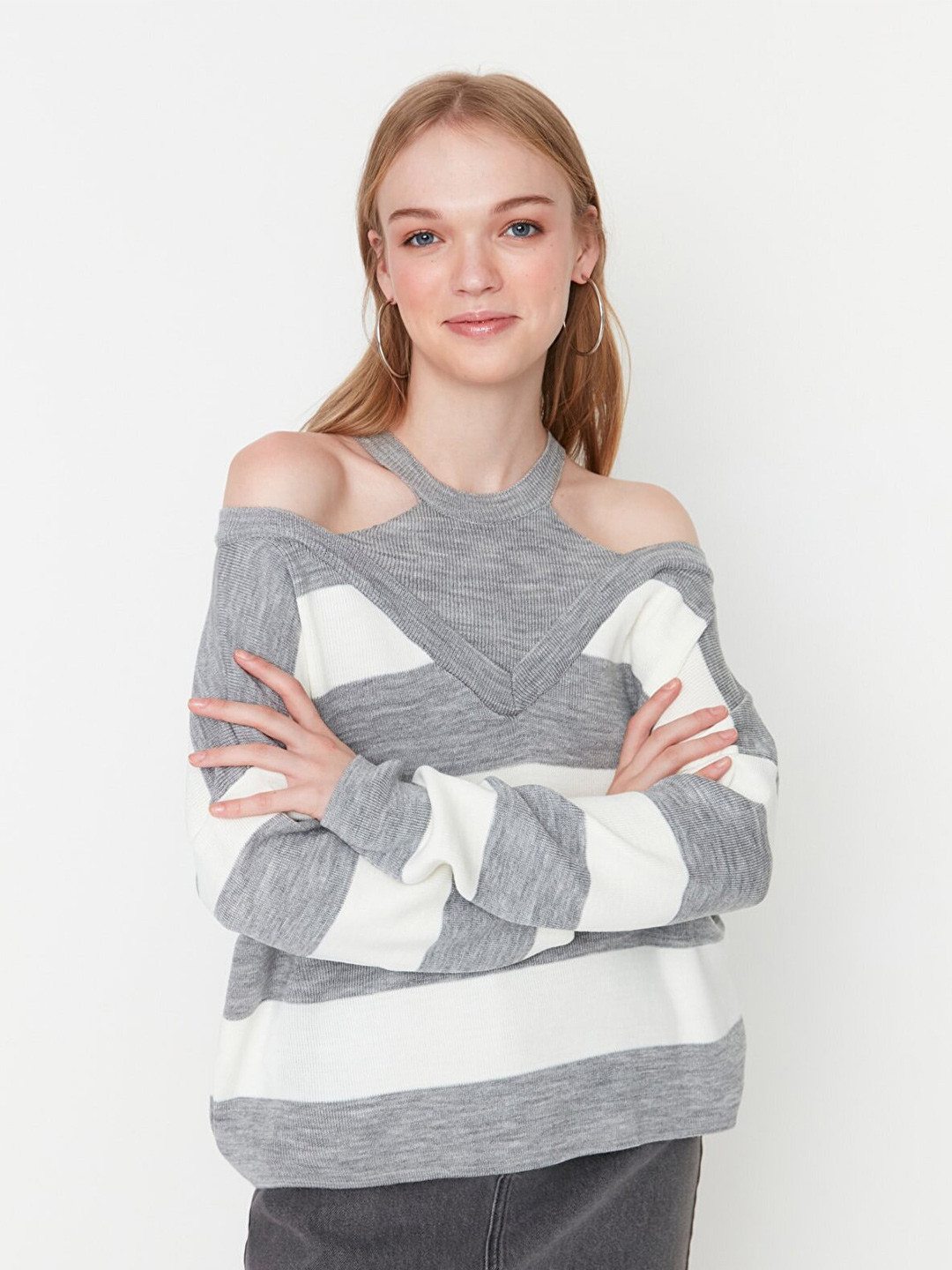 

Trendyol Women Grey & White Striped Pullover