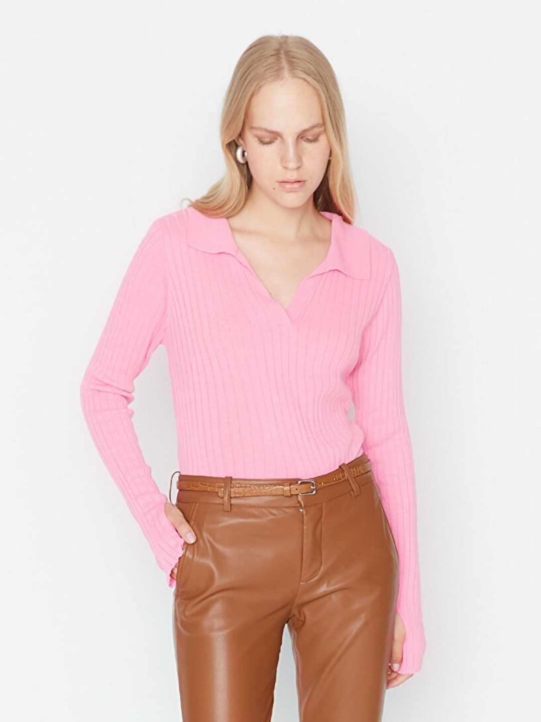

Trendyol Women Pink Ribbed Acrylic Pullover