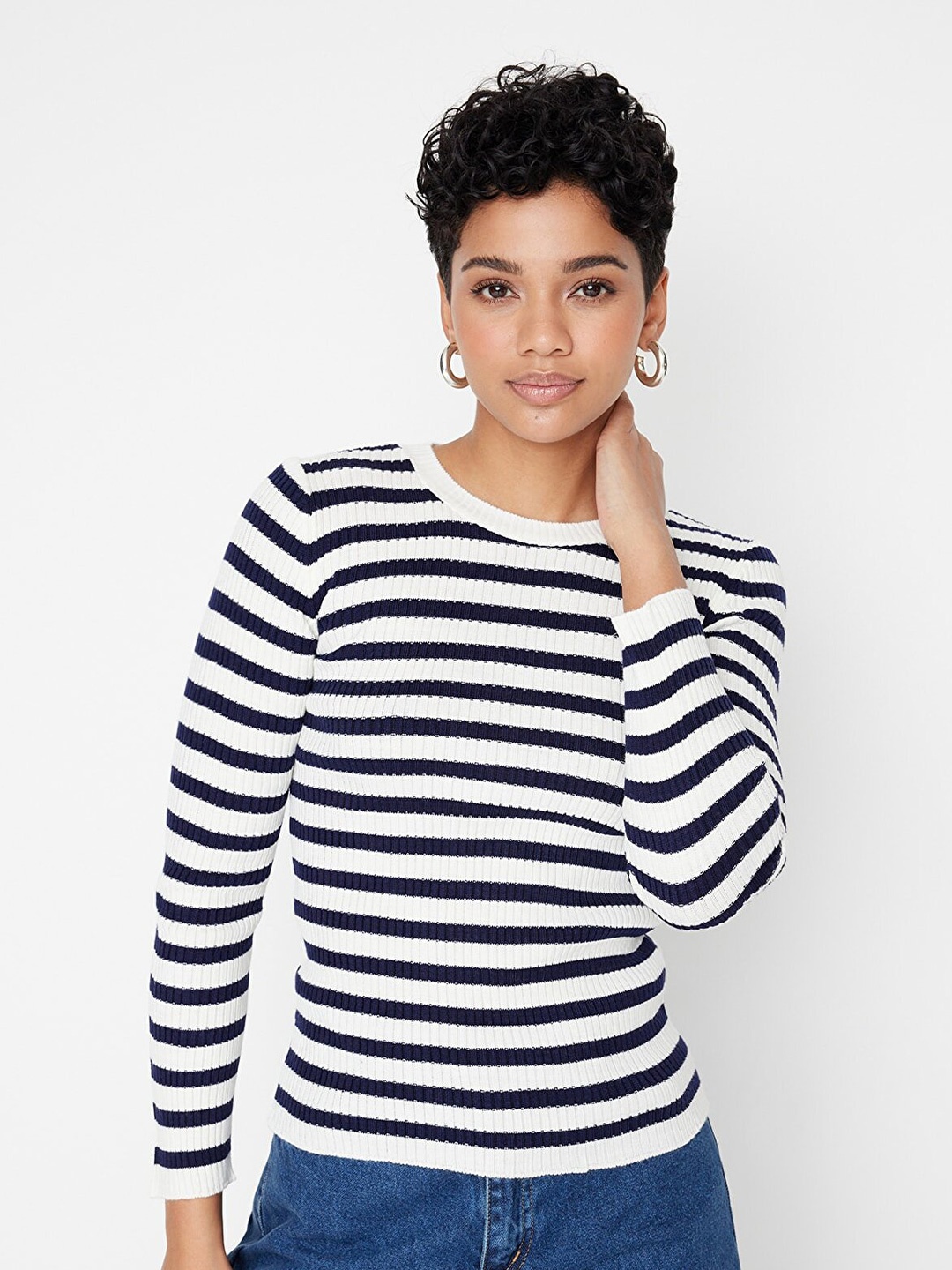 

Trendyol Women Blue & White Striped Striped Pullover