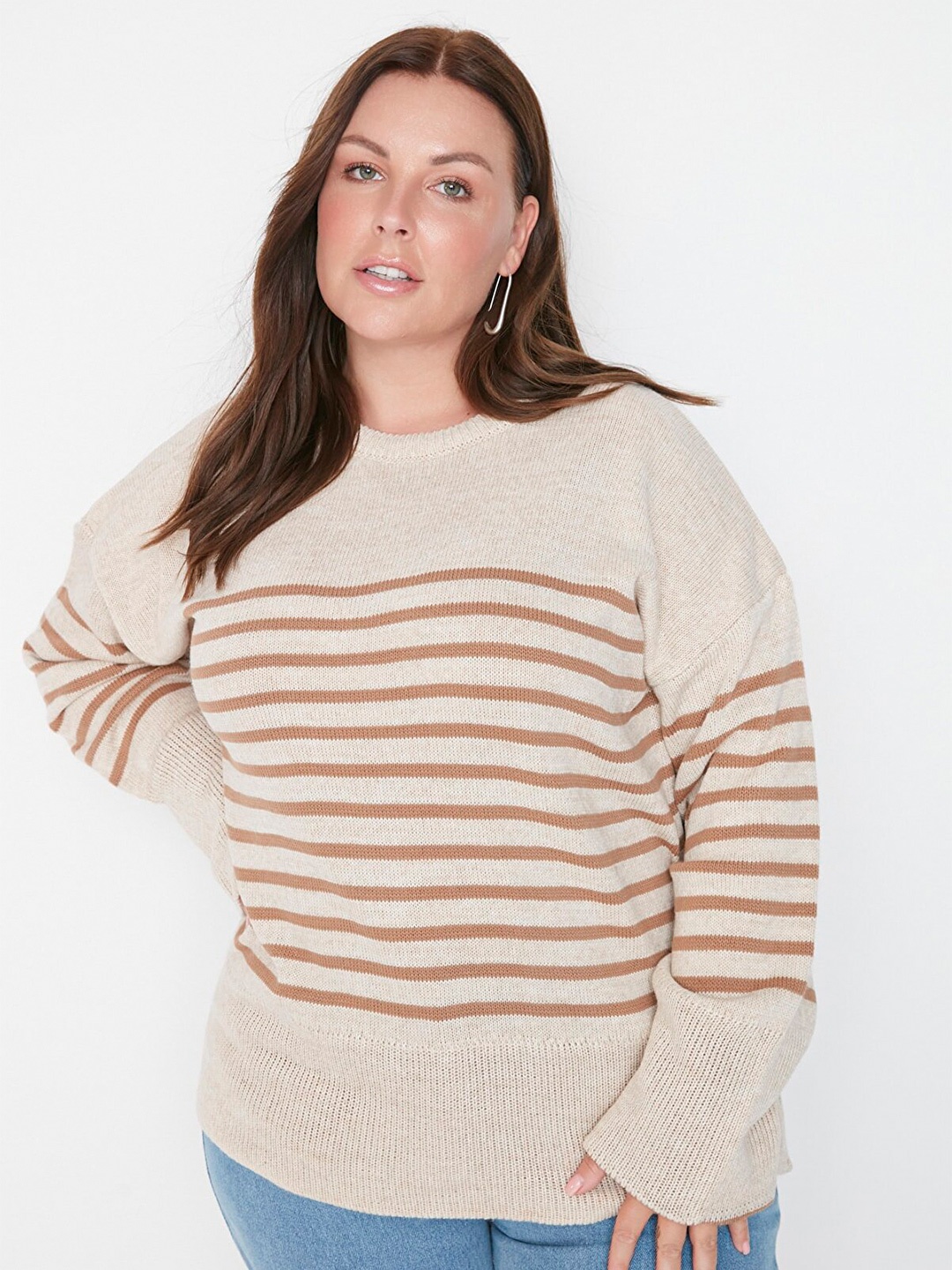 

Trendyol Women Plus Size Beige & Brown Striped Pullover