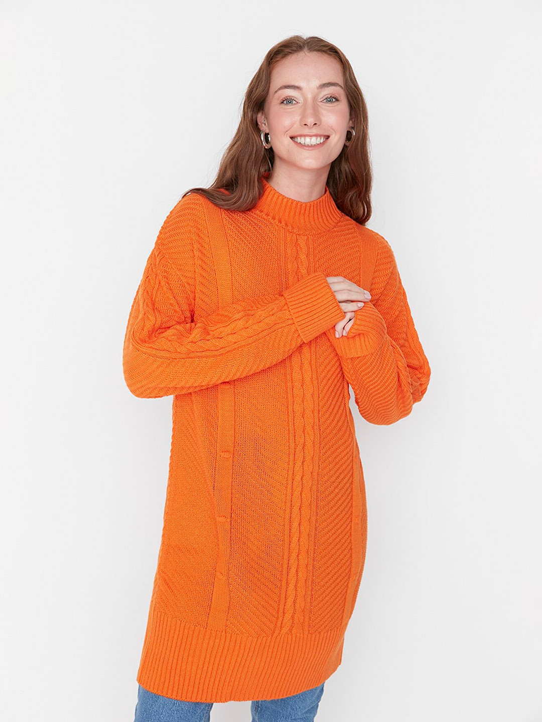 

Trendyol Women Orange Cable Knit Longline Pullover