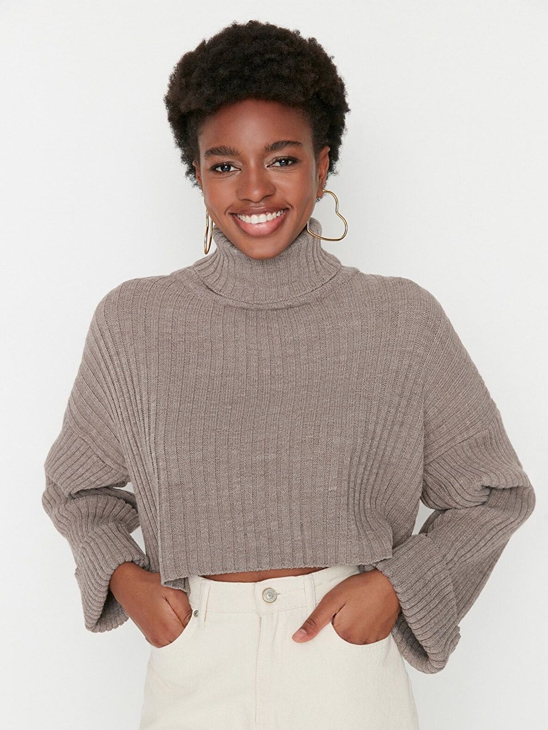 

Trendyol Women Ribbed Crop Pullover, Brown