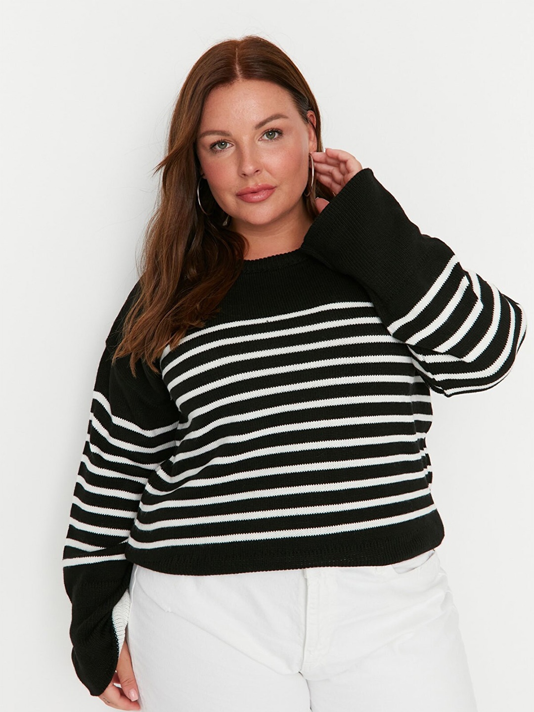 

Trendyol Women Black & White Striped Striped Pullover