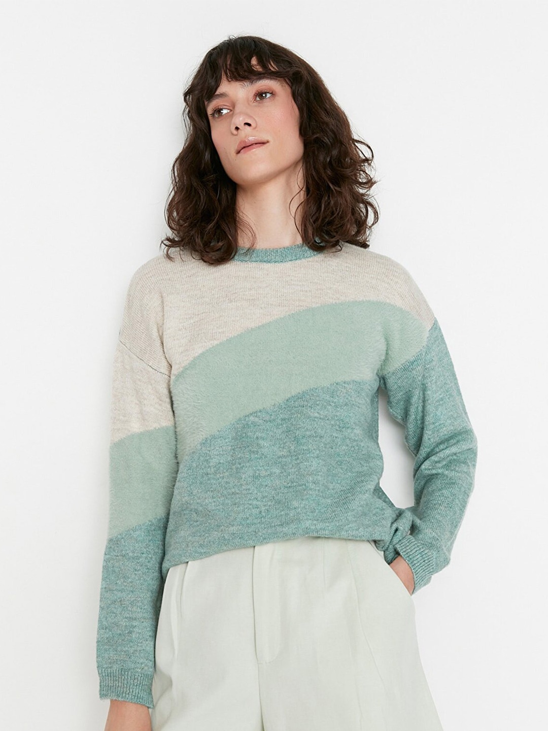 

Trendyol Women Green Colourblocked Pullover