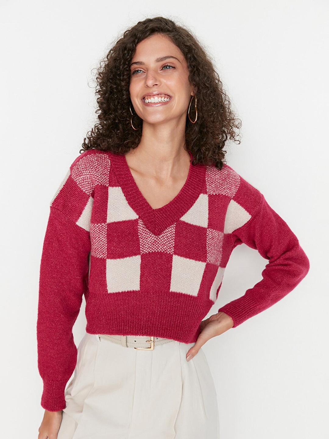 

Trendyol Women Fuchsia Checked Checked Crop Pullover