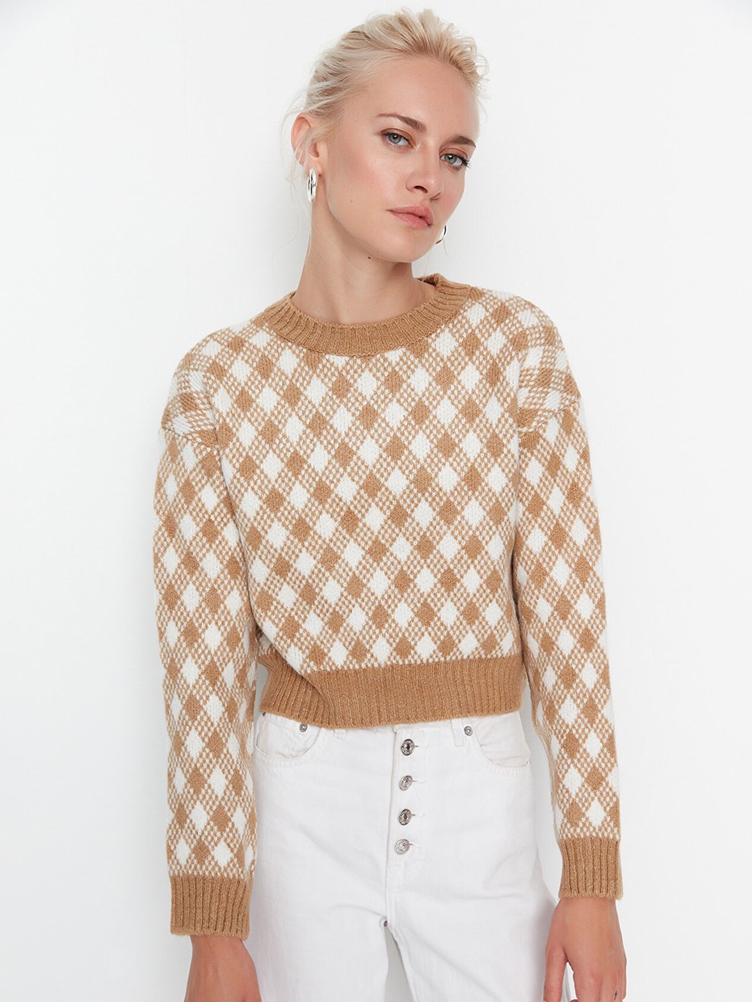 

Trendyol Women Camel Brown & White Printed Pullover