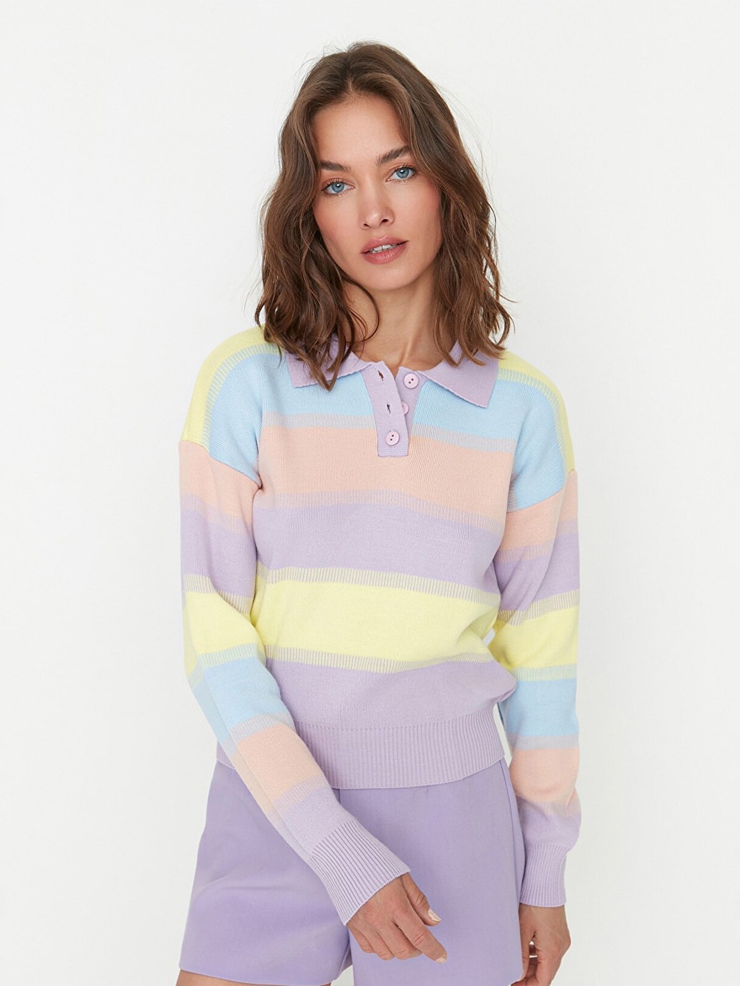 

Trendyol Women Purple & Yellow Colourblocked Pullover